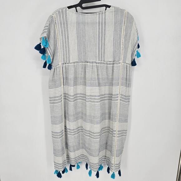 Anthropologie THML Blue White Boho Chic Shift Dress Tassel Striped V-Neck Medium - Picture 2 of 7